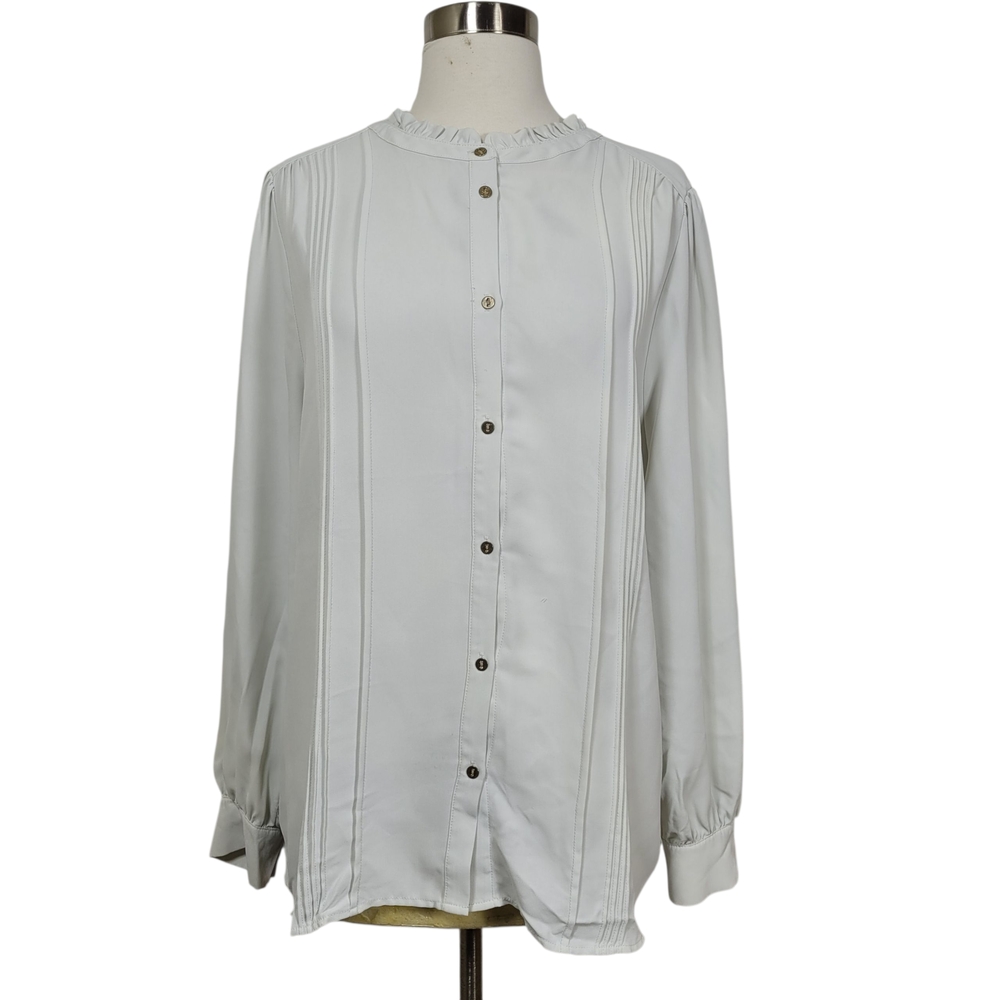 Ann Taylor Gray Elegant High Neck Ruffle Button-Up Pleated Long Sleeve Blouse XL
